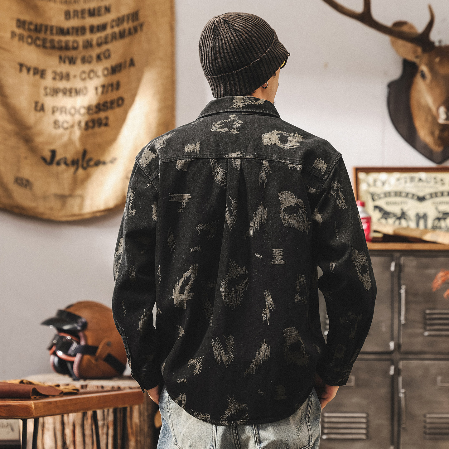 美式復古色織牛仔外套男春季新款提花潮牌襯衣寬鬆春秋長袖襯衫男