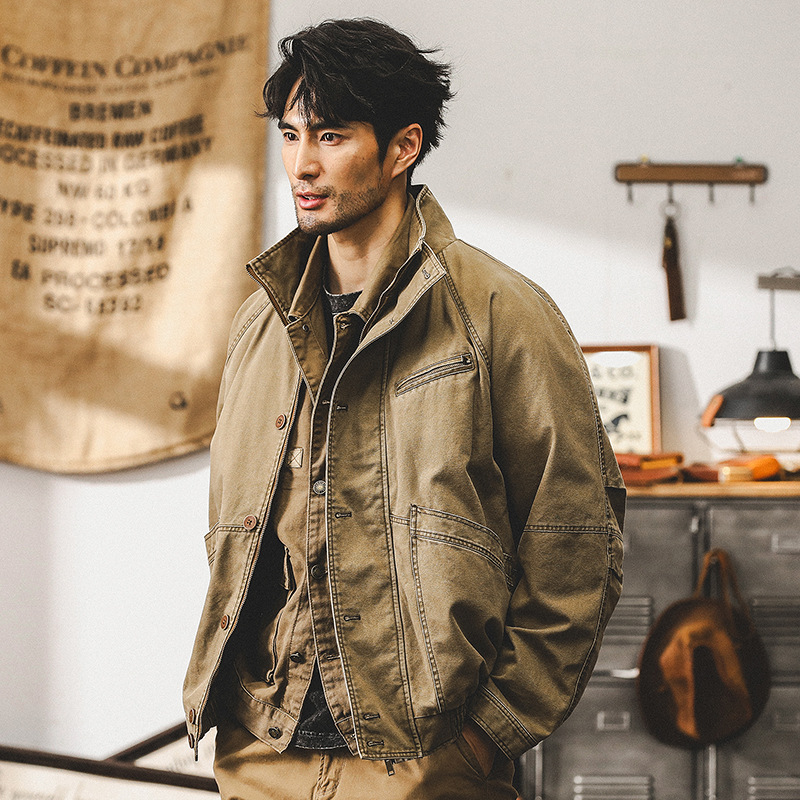 美式復古卡其色工裝外套男春秋款潮牌寬鬆水洗硬漢獵裝休閒夾克男
