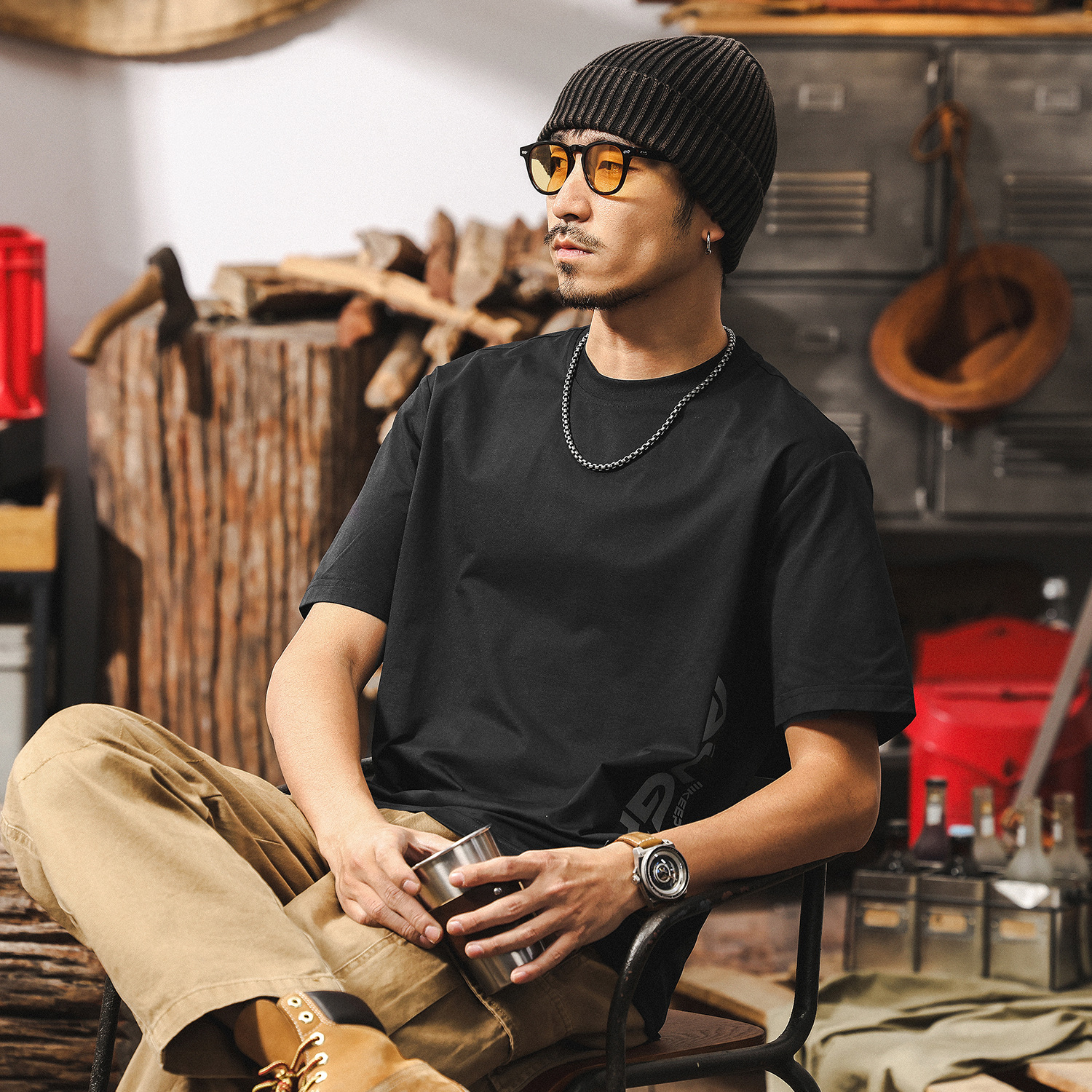 運動透氣速幹T恤男夏季短袖2025新款潮牌美式復古戶外寬鬆上衣男T