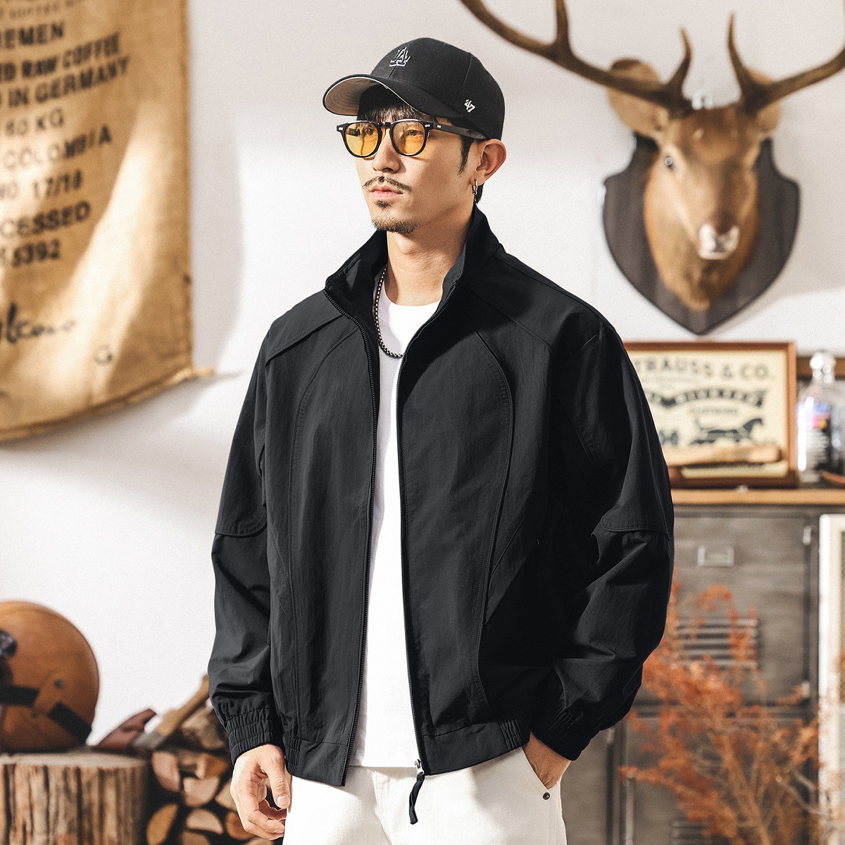 美式復古紫色外套男春秋2025新款潮牌城市通勤立領寬鬆教練夾克男