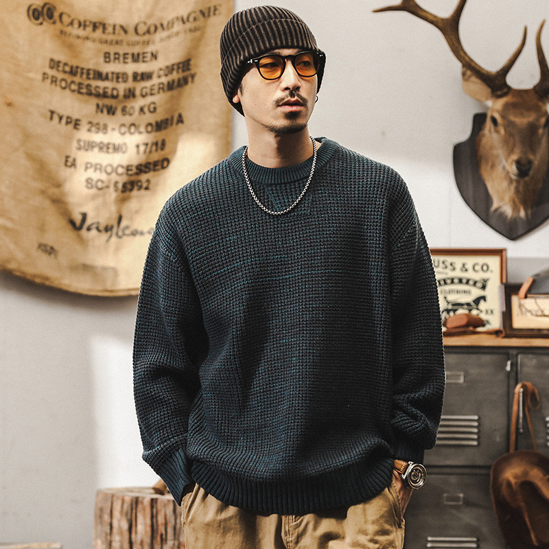 美式復古重磅毛衣男冬季加厚潮牌線衫男日系慵懶風寬鬆休閒針織衫