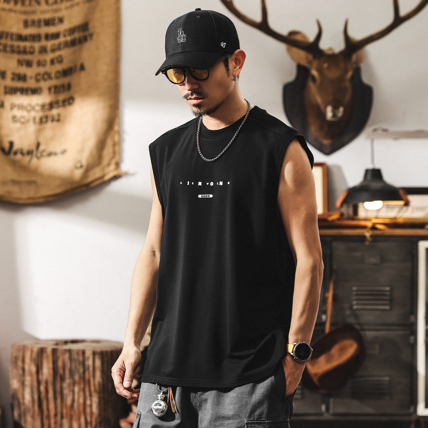 軟糯高級感桑蠶絲無袖T恤男夏季潮牌親膚萊賽爾寬鬆運動健身背心