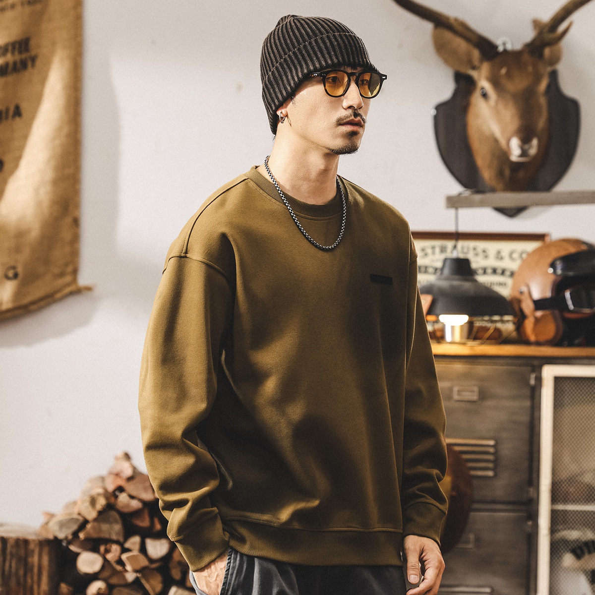 美式360g重磅衛衣男2025新款秋季寬鬆圓領安可拉紅復古春秋外套男