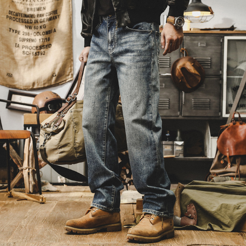 美式複古重磅牛仔褲男秋季新款高街休閑長褲寬松直筒高端潮牌男褲