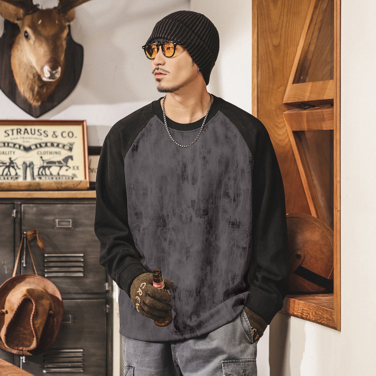 美式復古360g重磅空氣層麂皮絨衛衣男秋季新款插肩潮流長袖上衣男