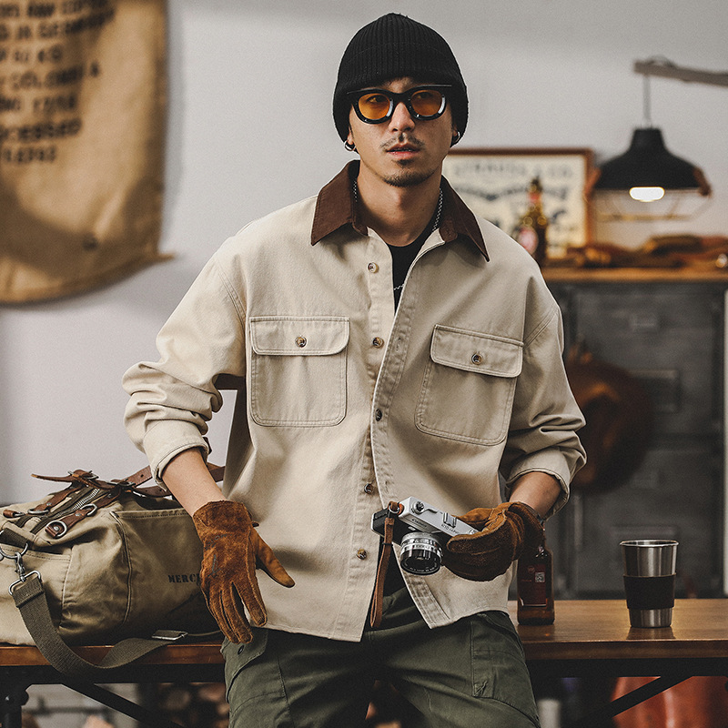 美式復古工裝襯衫男長袖寬鬆潮牌硬漢獵裝夾克男春季襯衣男士外套