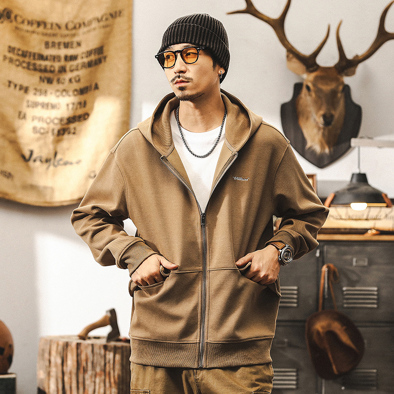 美式復古重磅開衫連帽衛衣男秋季潮牌寬鬆大碼斜紋針織秋冬外套男