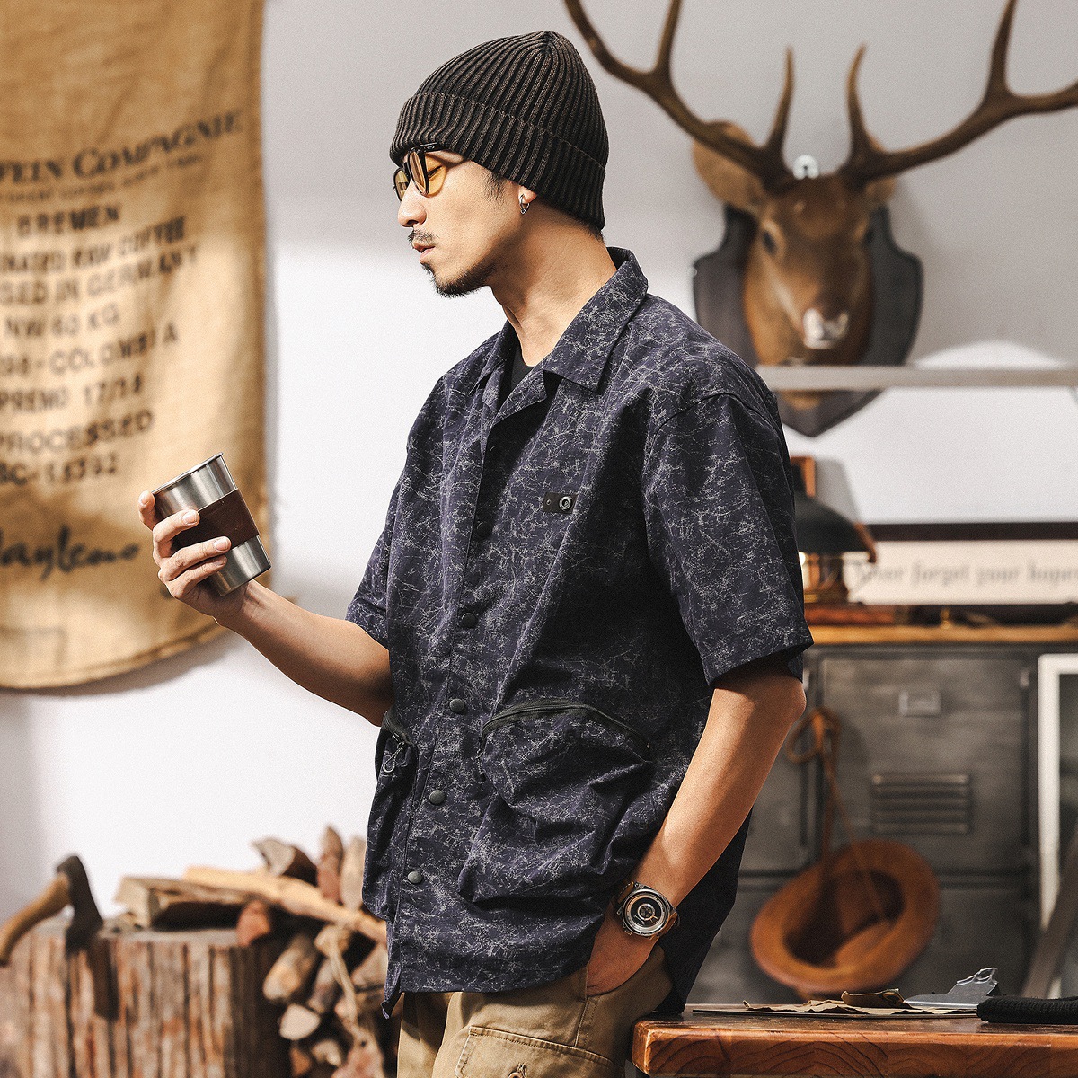 立體拉鍊口袋工裝襯衫男短袖夏季美式復古潮流戶外機能風襯衣外套