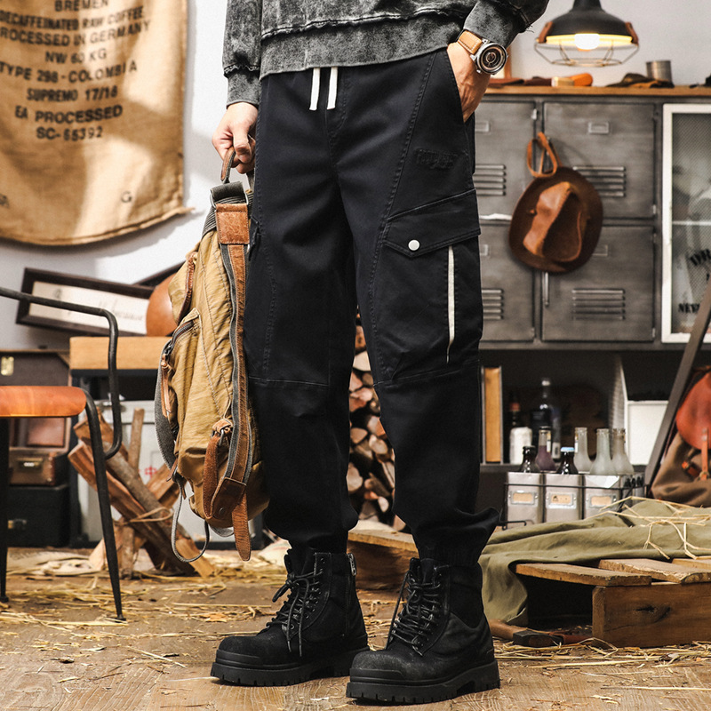 美式復古戶外工裝褲男秋季潮牌多口袋寬鬆束腳休閒褲男士黑色褲子