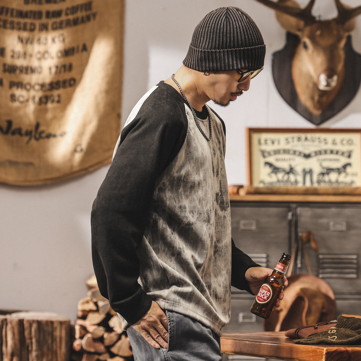 美式復古360g重磅空氣層麂皮絨衛衣男秋季新款插肩潮流長袖上衣男