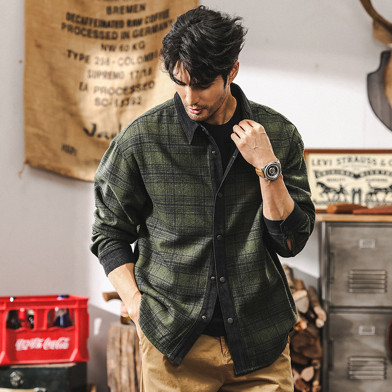 美式經典復古牛仔襯衫男秋季新款硬漢痞帥上衣潮牌長袖格子襯衣男