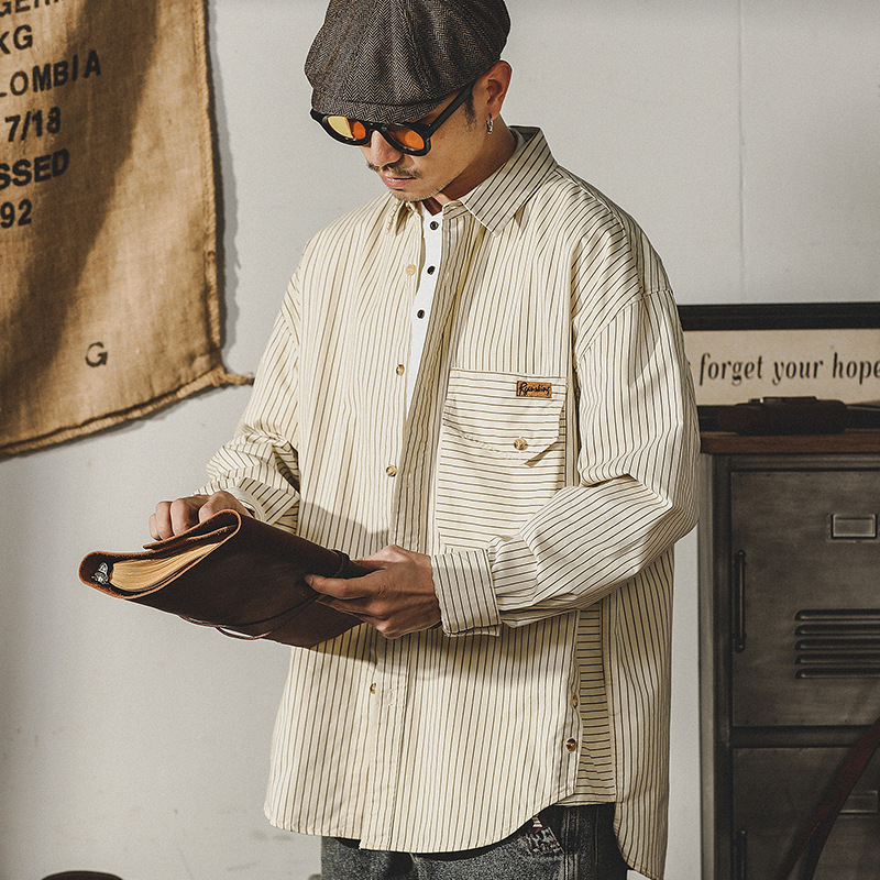 杰雷諾美式工裝復古條紋襯衫男長袖寬鬆廓形阿美咔嘰襯衣外套男款