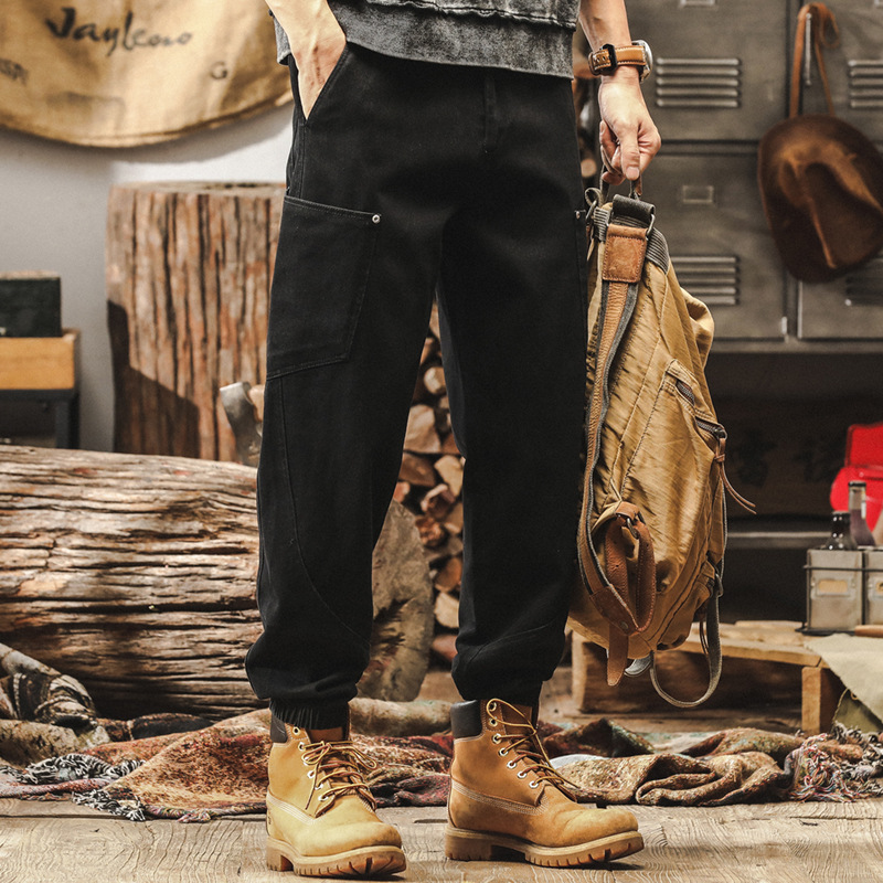 美式復古重磅工裝褲子男春季2025新款束腳褲男寬鬆直筒男士休閒褲