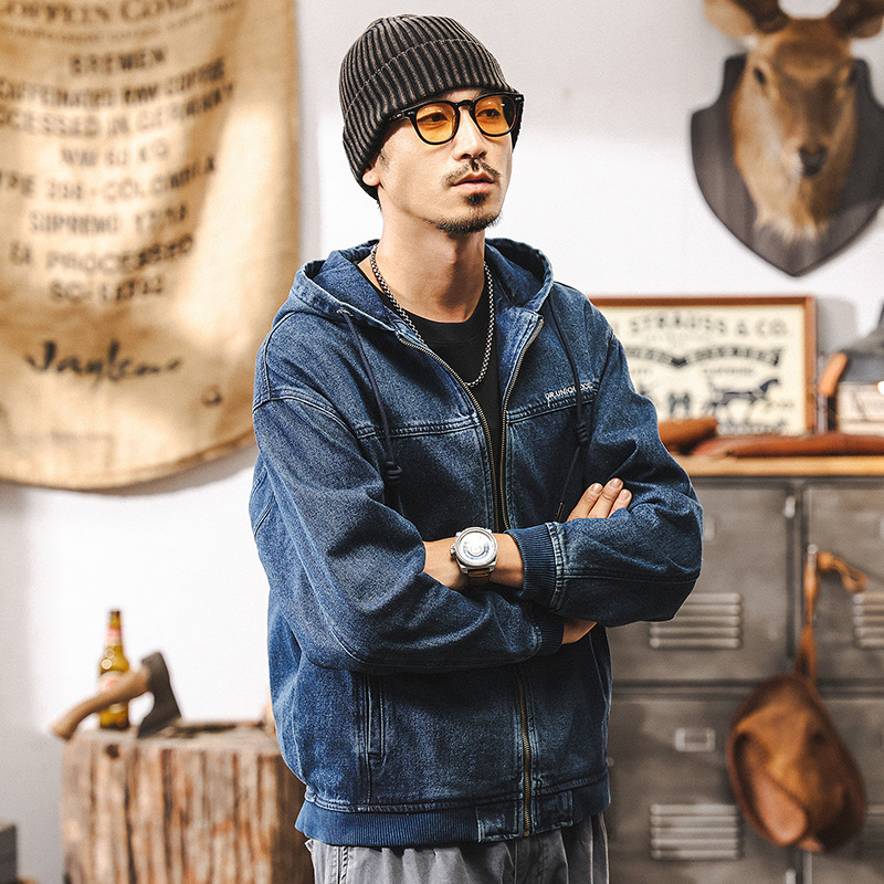 美式復古丹寧水洗藍色牛仔外套男秋季寬鬆潮流男生工裝連帽夾克男