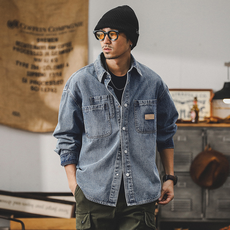 美式牛仔襯衫男長袖寬鬆潮牌經典工裝夾克男春季新款男士休閒外套