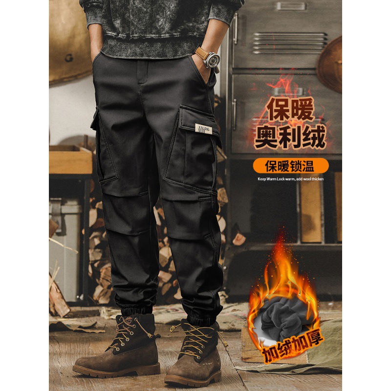 冬季加絨加厚褲子男潮牌束腳褲2023新款男士秋冬褲子寬鬆休閒褲男