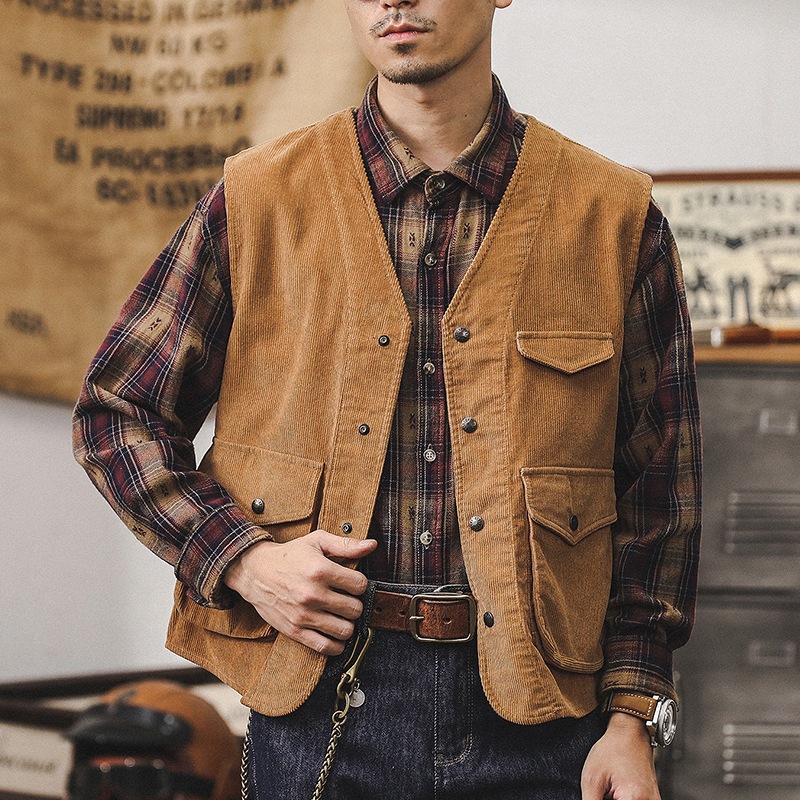 美式重磅復古燈芯絨馬甲外套男寬鬆2024新款潮牌古著工裝夾克褂子