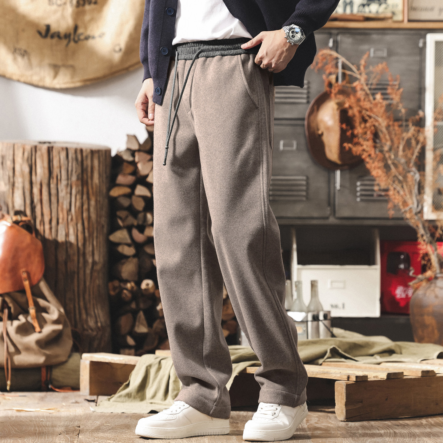 美式復古輕奢綿羊毛褲子男冬季加厚寬鬆男士休閒褲直筒加絨衛褲男