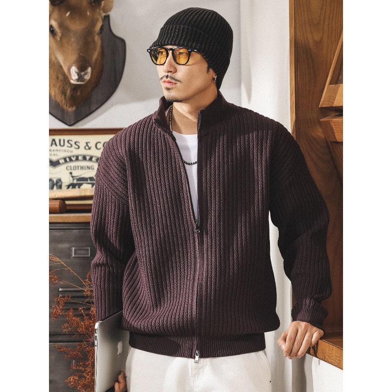 美式重磅復古紫色半高領開衫毛衣男秋冬潮牌寬鬆針織衫外套男春秋