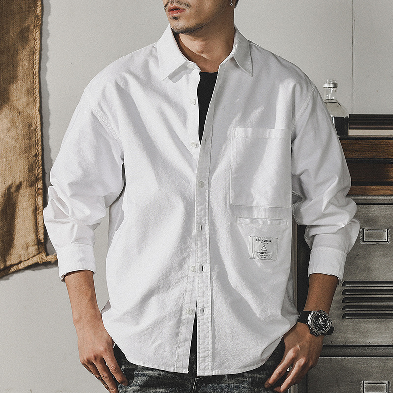 杰雷諾美式工裝簡約白色襯衫男長袖日系寬鬆潮牌襯衣外套男春秋款