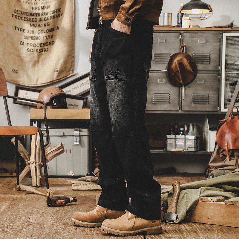 美式重磅牛仔褲男直筒2024新款高街褲子男款寬松複古水洗休閑長褲