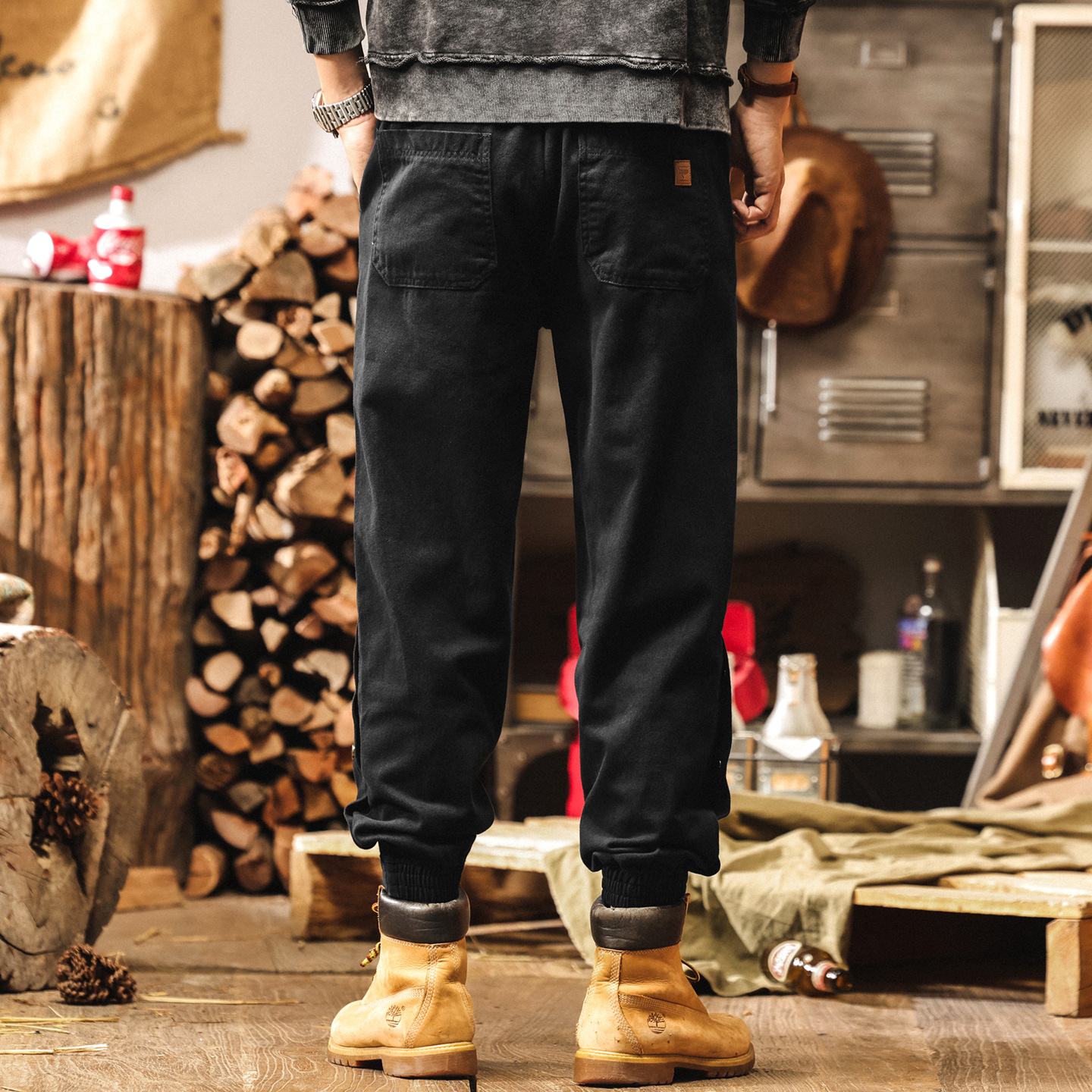 美式重磅復古加絨褲子男士冬季加厚雪花絨休閒褲男款束腳工裝褲子