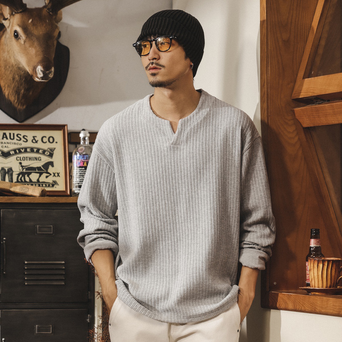 美式復古330g重磅針織長袖t恤男冬季新款潮流高級感提花男士衛衣