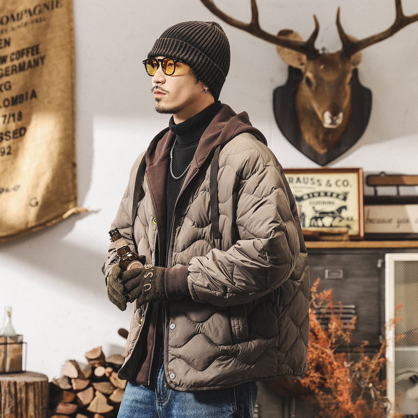 美式復古90鴨絨可拆卸假兩件輕薄羽絨服男冬季潮牌保暖連帽外套男
