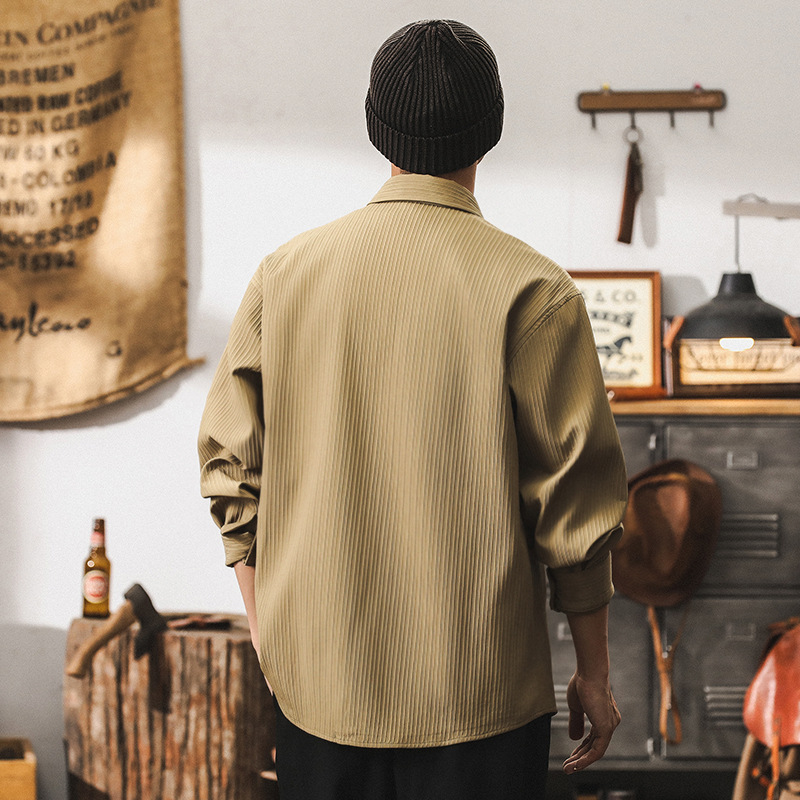 美式復古高級感條紋肌理工裝襯衫男長袖2024新款寬鬆秋季襯衣外套