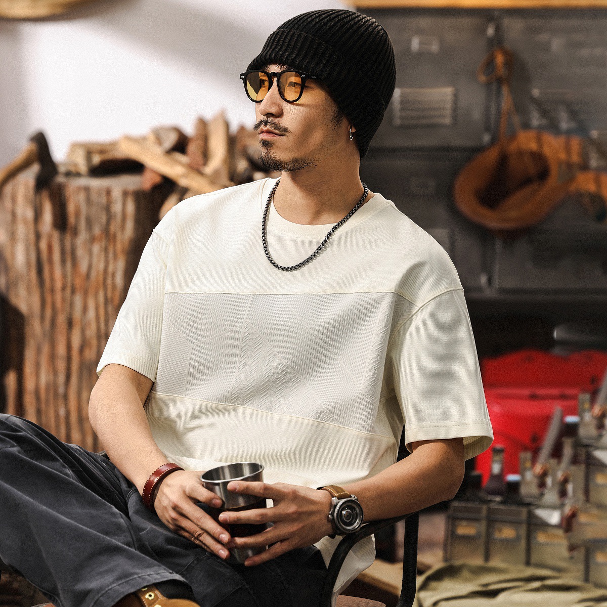 高級感拼接提花涼感T恤男2025新款短袖男夏季時尚潮流設計感上衣