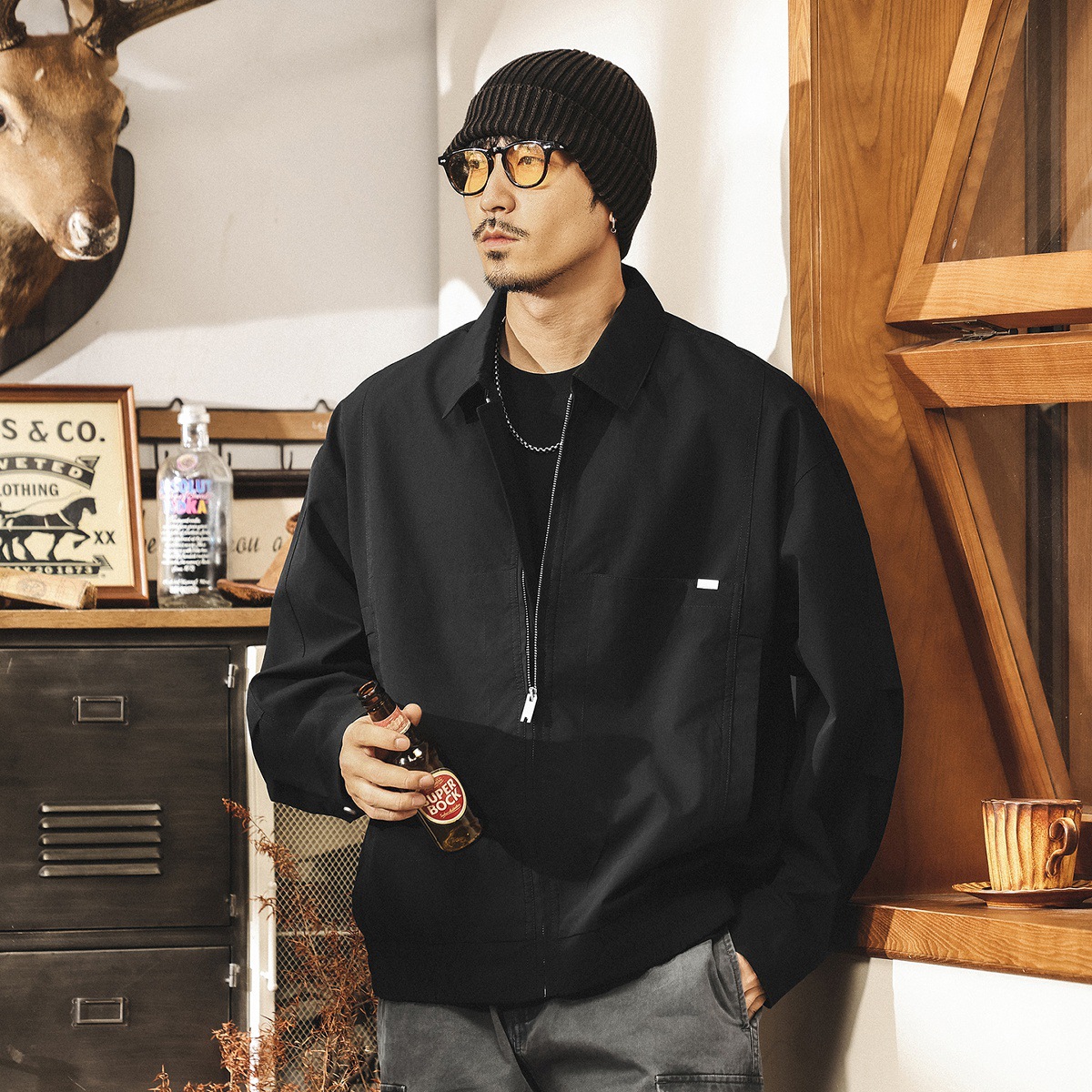 美式復古翻領通勤行政夾克男春秋2025新款寬鬆休閒教練飛行員外套