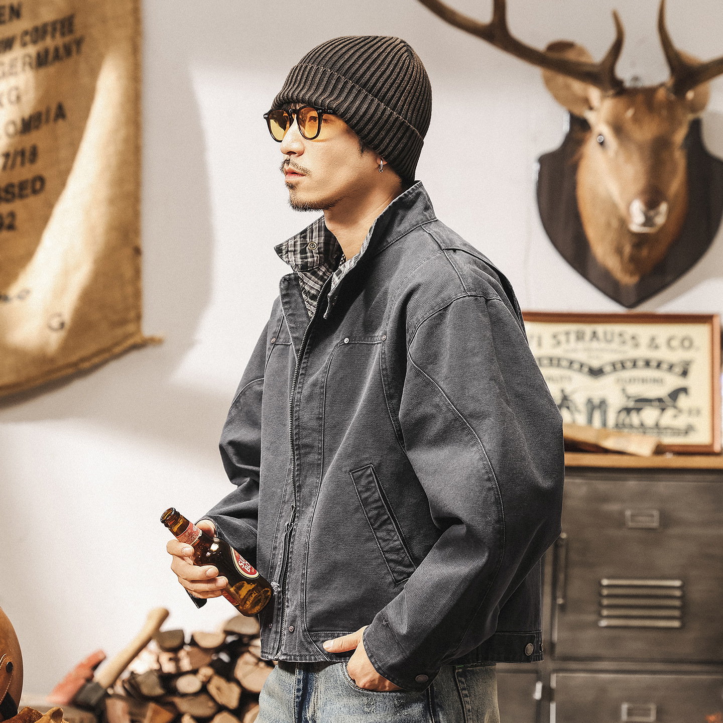 美式復古重磅工裝外套男春秋寬鬆潮牌重工水洗硬漢休閒短款夾克男