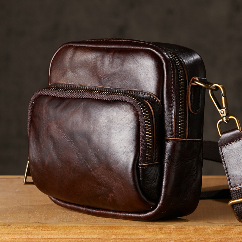 手工植鞣皮手機包男士休閒單肩斜挎包時尚個性頭層牛皮迷你小挎包