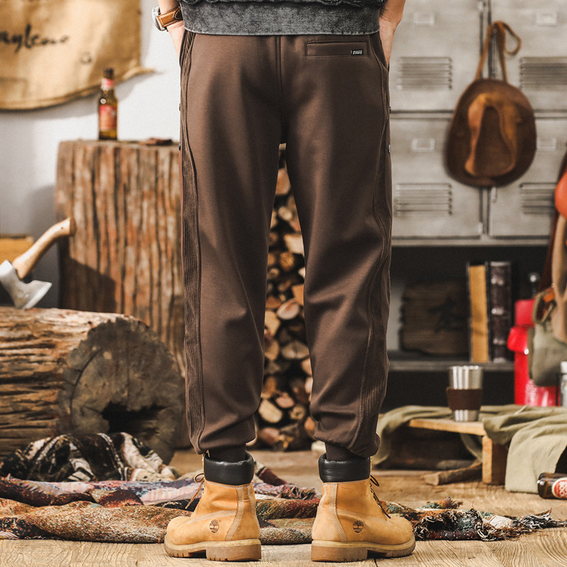 美式復古高級感空氣層抗皺休閒褲男秋冬款加絨潮牌寬鬆運動束腳褲