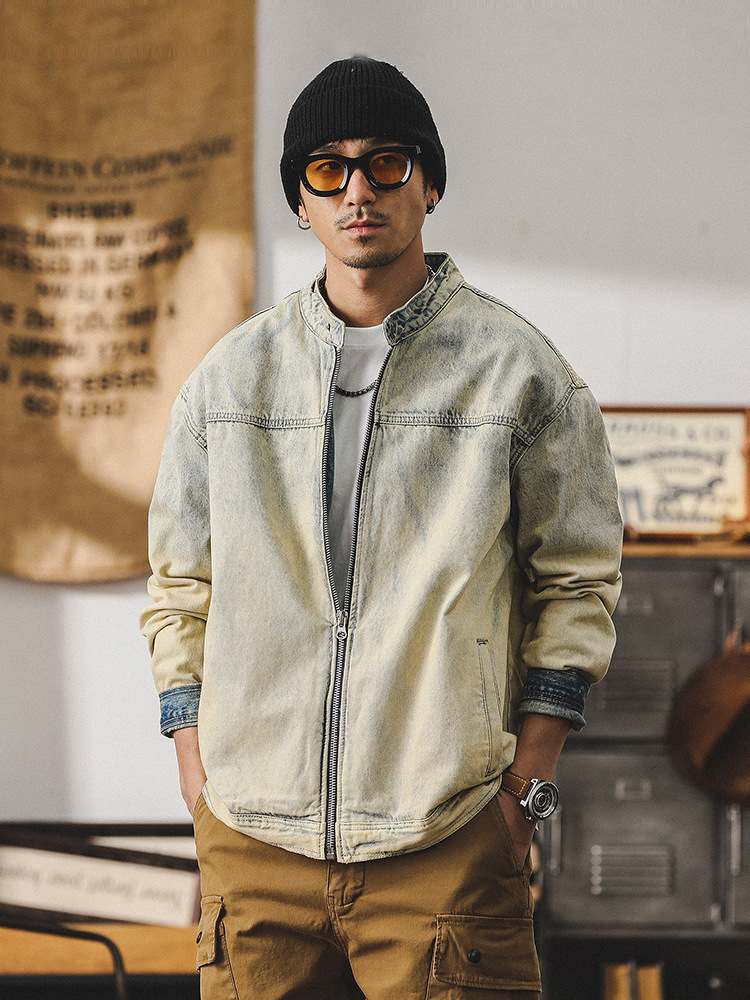 美式重磅复古立领机车夹克男春季痞帅黄泥染做旧赛络纺牛仔外套男