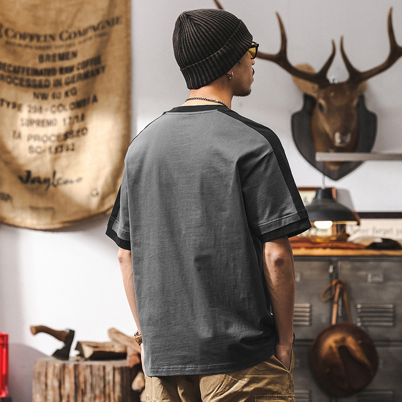 美式復古重磅T恤男短袖2025新款夏季潮牌撞色袖寬鬆男士上衣T男裝