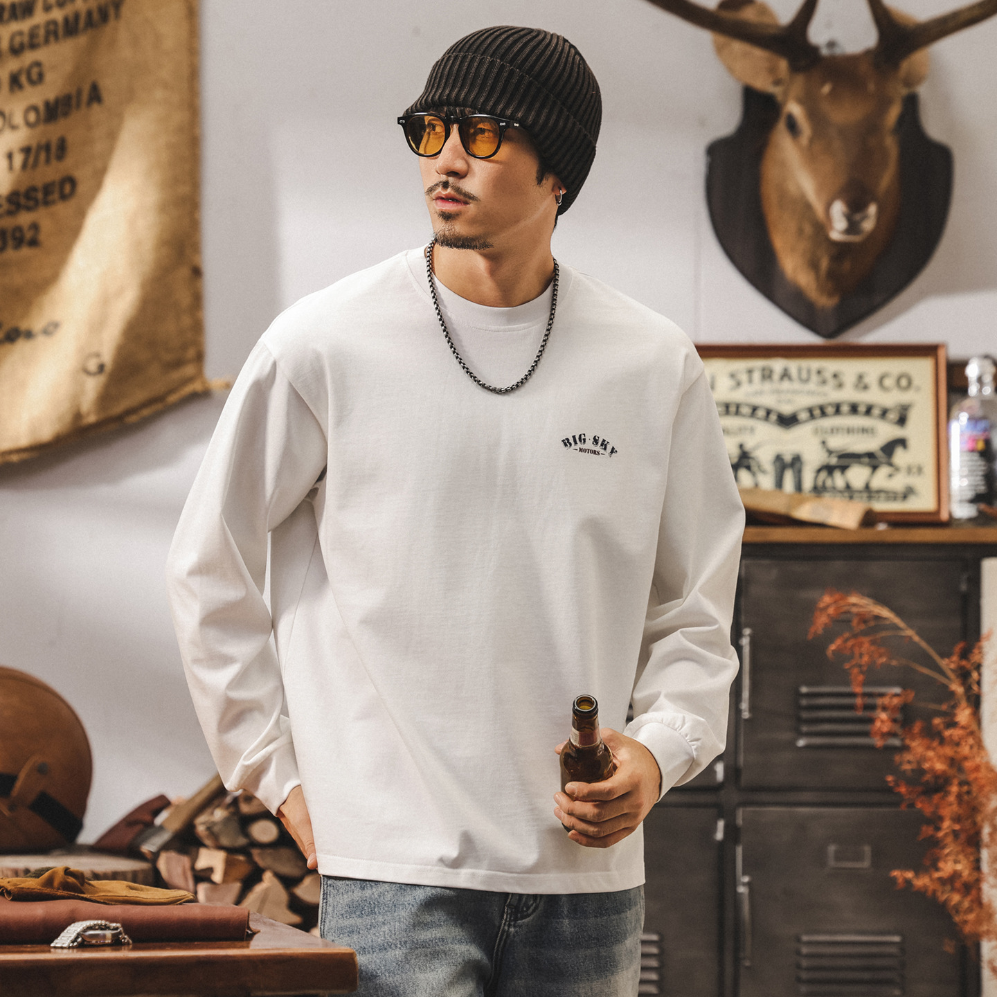 美式復古重磅t恤男長袖春秋新款潮牌機車印花寬鬆休閒純棉上衣男T