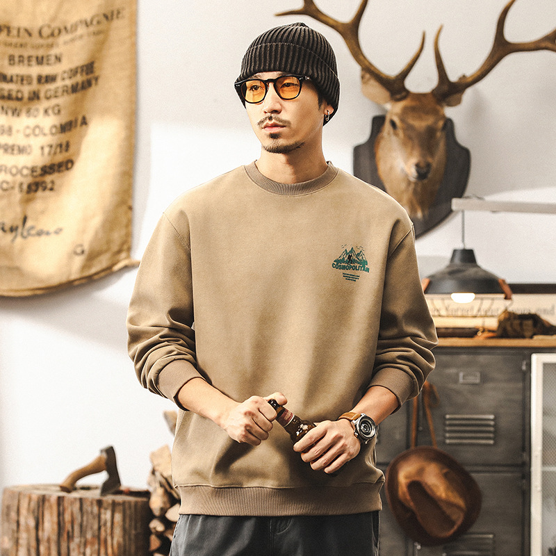 美式復古卡其色350g重磅衛衣男秋冬款潮牌戶外山系慵懶風寬鬆上衣