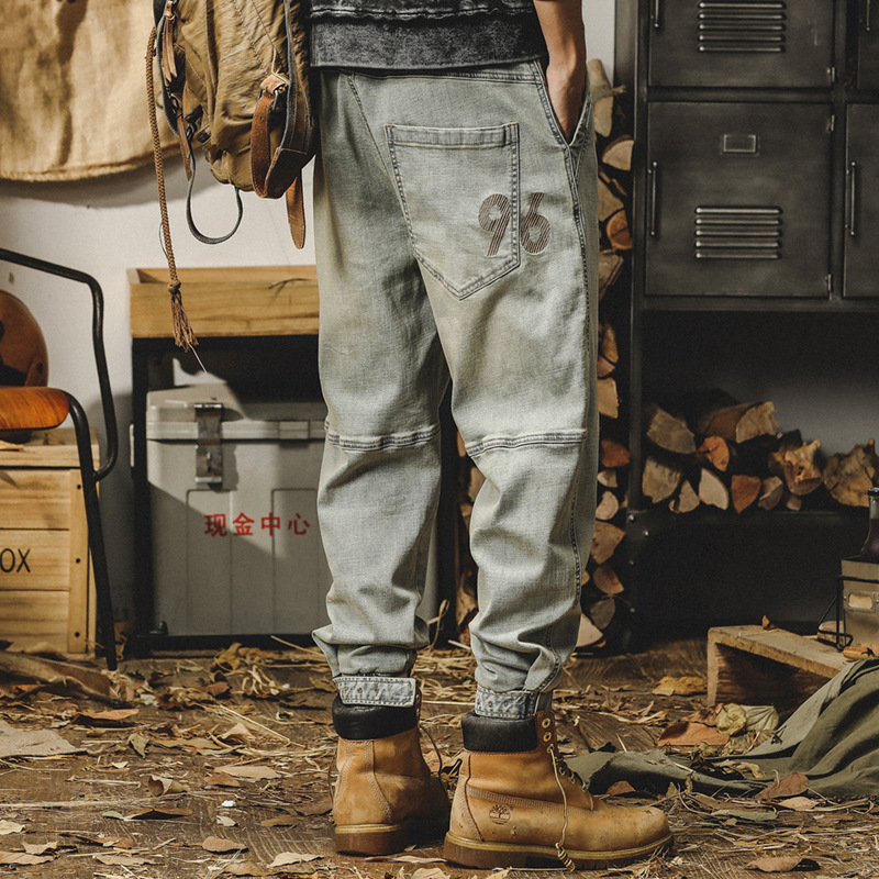 杰雷諾美式經典黃泥染牛仔褲男秋冬款寬鬆直筒復古做舊束腳休閒褲