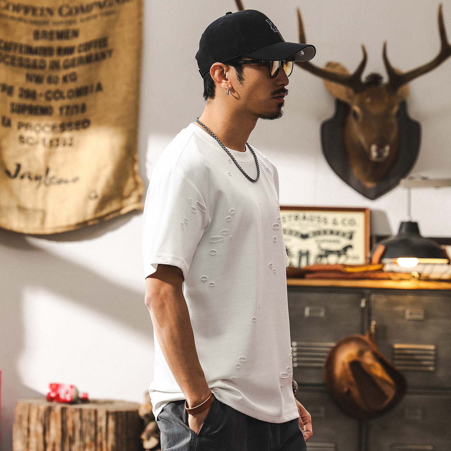 美式復古重磅短袖男款夏季潮牌破洞設計感男士T恤男寬鬆半袖上衣