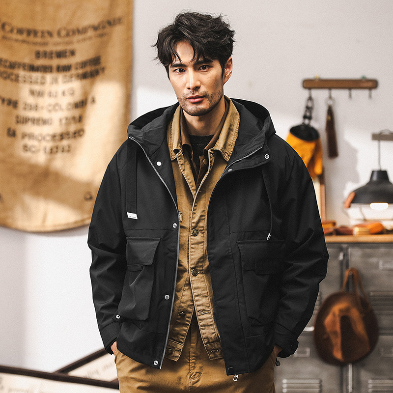 美式工裝外套男春秋2024新款連帽衝鋒衣山系戶外硬漢獵裝教練夾克