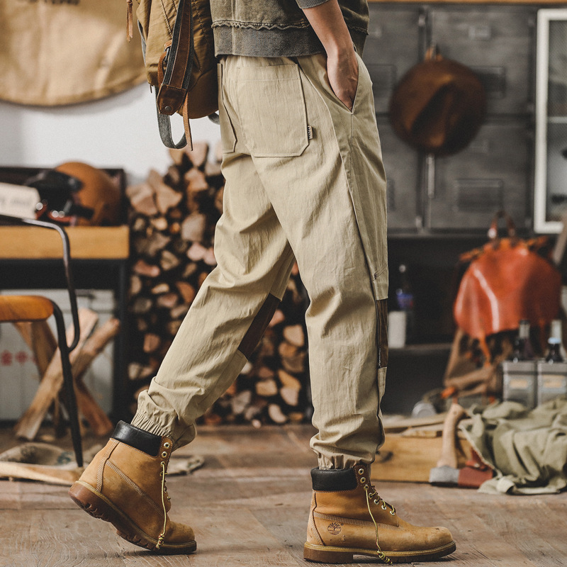 高級感工裝褲子男春季寬鬆直筒男士休閒褲設計感拼色束腳哈倫褲男