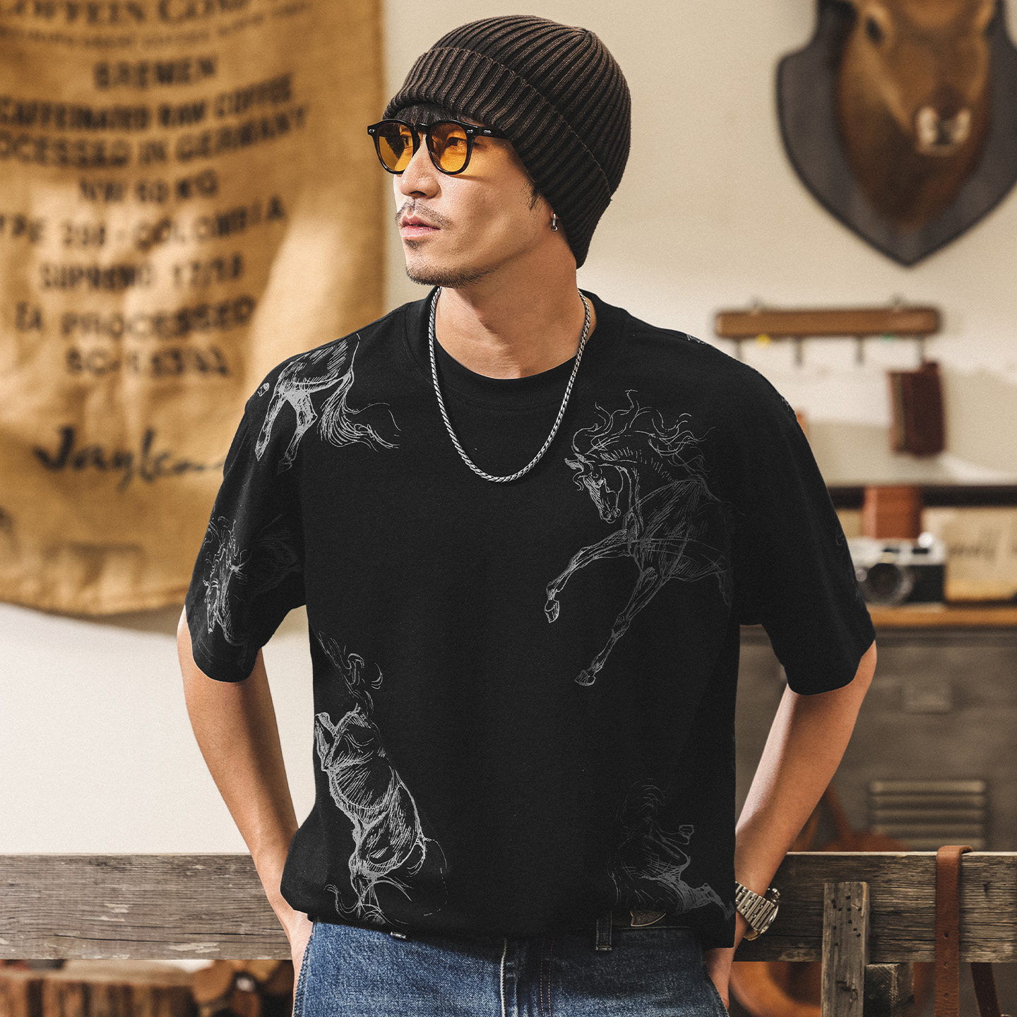 美式復古馬年亞麻T恤男夏季短袖2026新款潮流印花半袖寬鬆上衣男