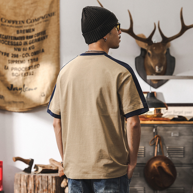 拼接撞色T恤男美式復古短袖夏季2025新款潮牌刺繡寬鬆上衣男