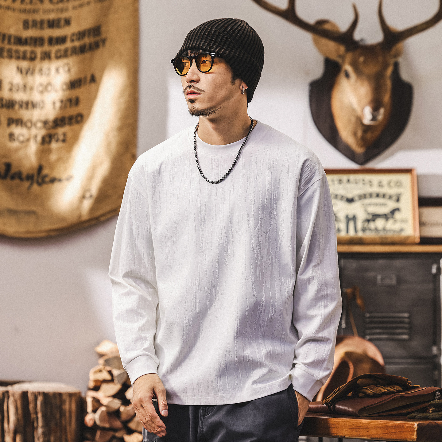 美式復古260g重磅t恤男長袖秋季新款樹紋肌理感寬鬆休閒男士上衣