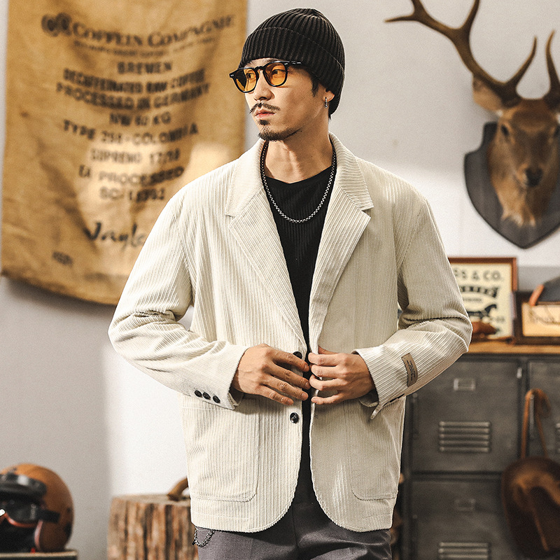 美式復古燈芯絨西裝外套男秋季潮牌古著上班通勤英倫紳士商務西服