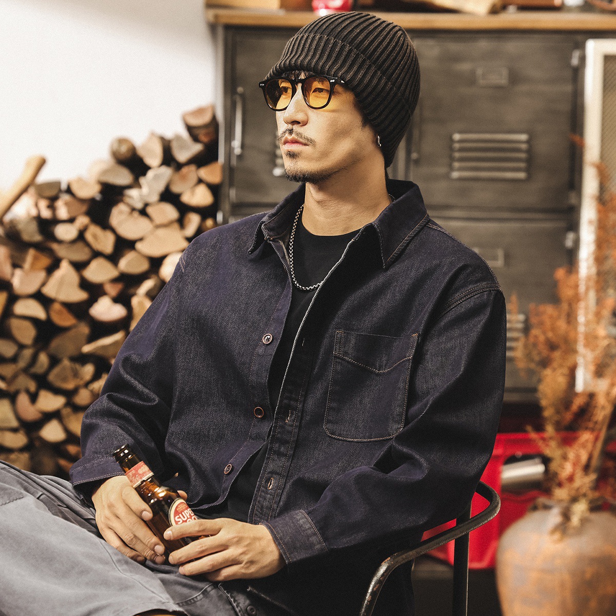 美式復古丹寧水洗牛仔襯衫男春秋2025新款潮流線寬鬆休閒襯衣外套