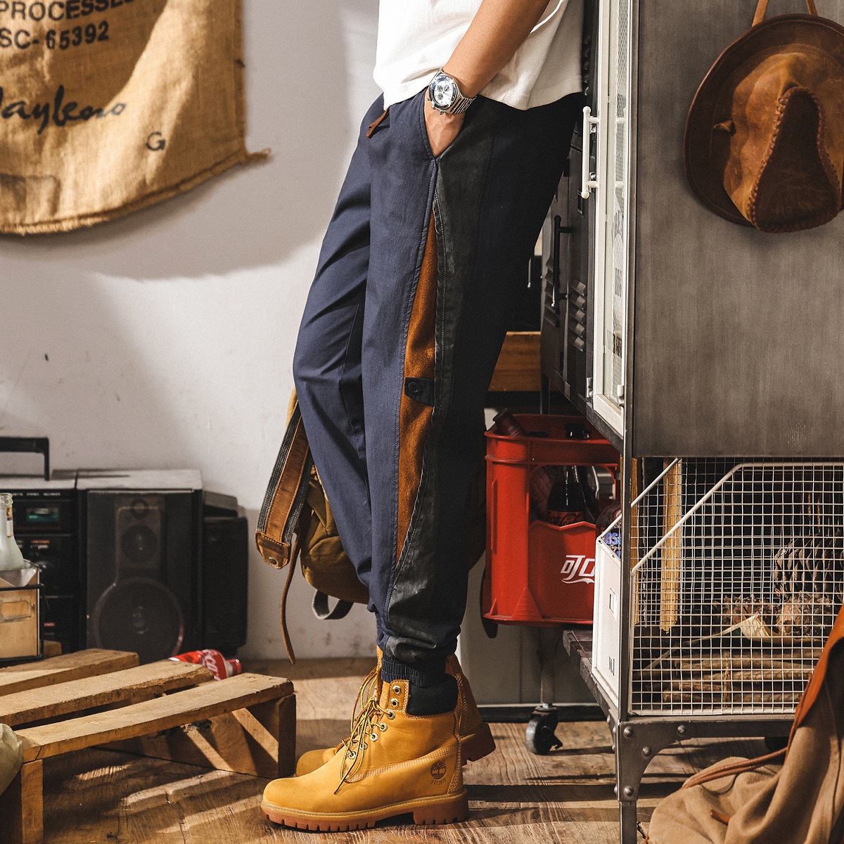 美式復古拼色設計工裝褲子男款夏季潮牌寬鬆直筒卡其色男士休閒褲