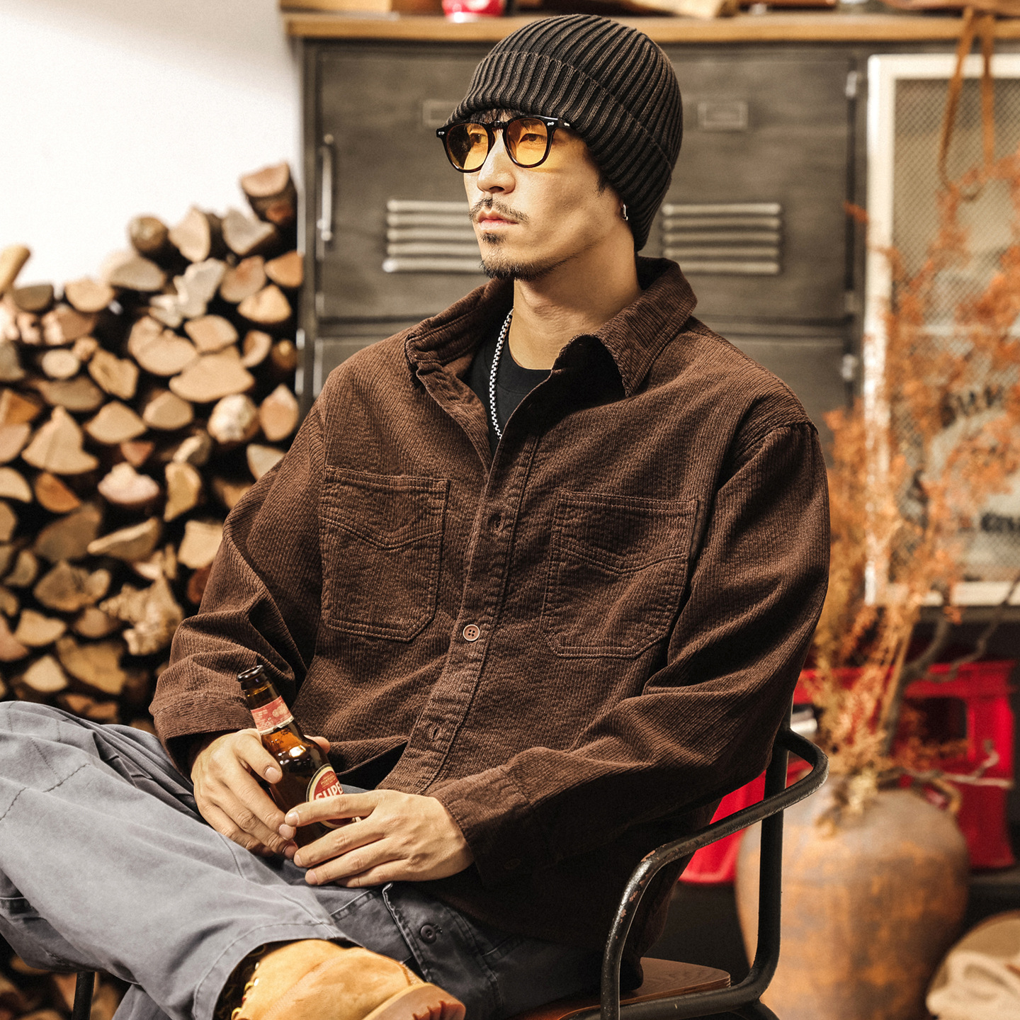 美拉德復古仿羊毛燈芯絨條紋襯衫男長袖春秋潮牌寬鬆休閒襯衣外套