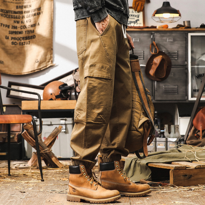 美式復古工裝褲子男秋季戶外潮牌多口袋休閒褲男士寬鬆卡其色褲子